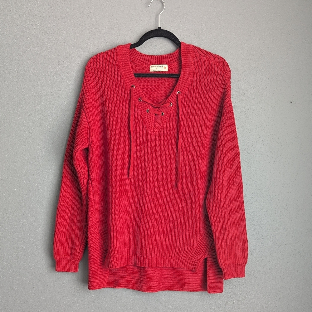 Ruff hewn red 3/4 laced sweater women's size large. 21 X32x 28